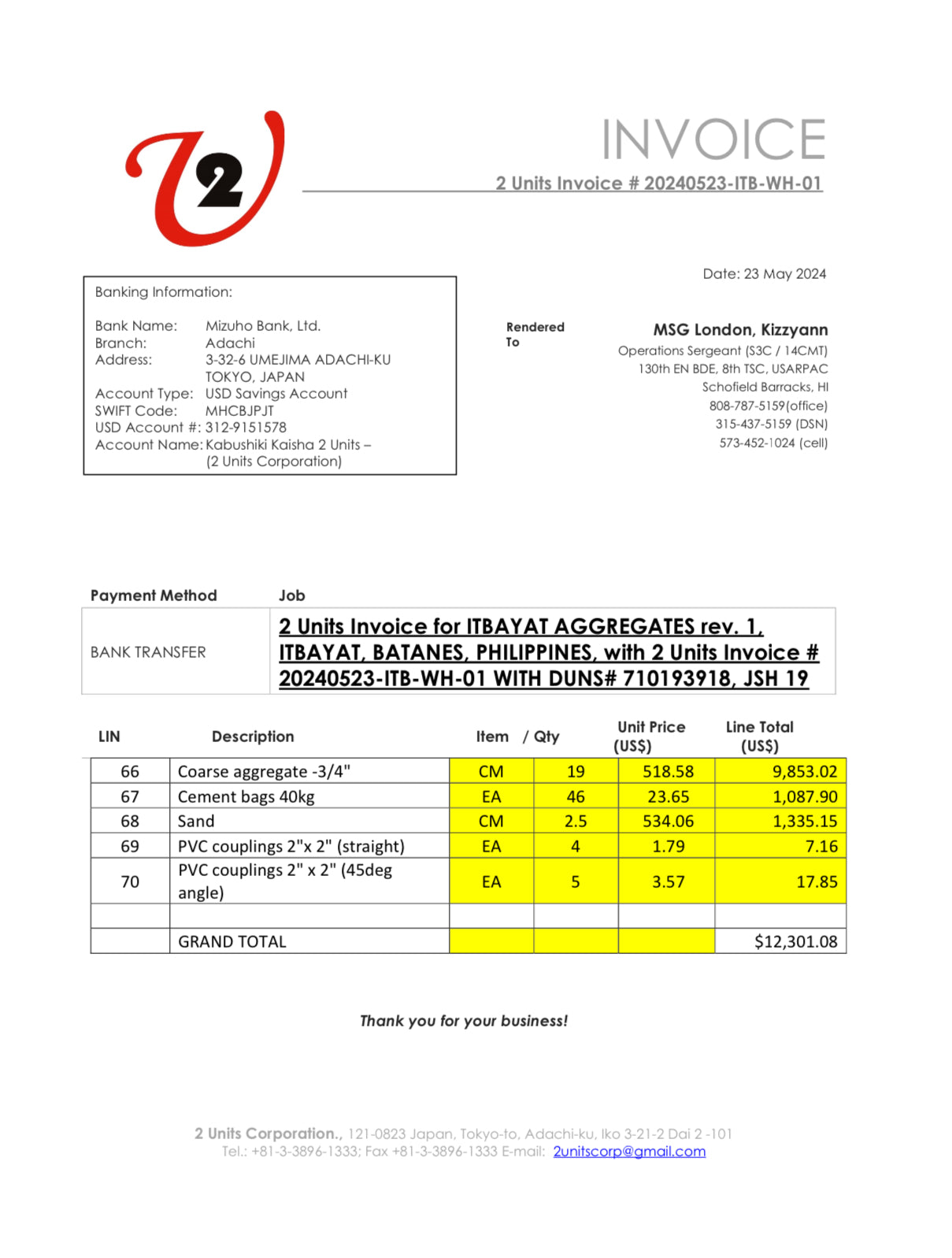 ITBAYAT AGGREGATES rev. 1, ITBAYAT, BATANES, PHILIPPINES, with 2 Units Invoice # 20240523-ITB-WH-01 WITH DUNS# 710193918, JSH 19